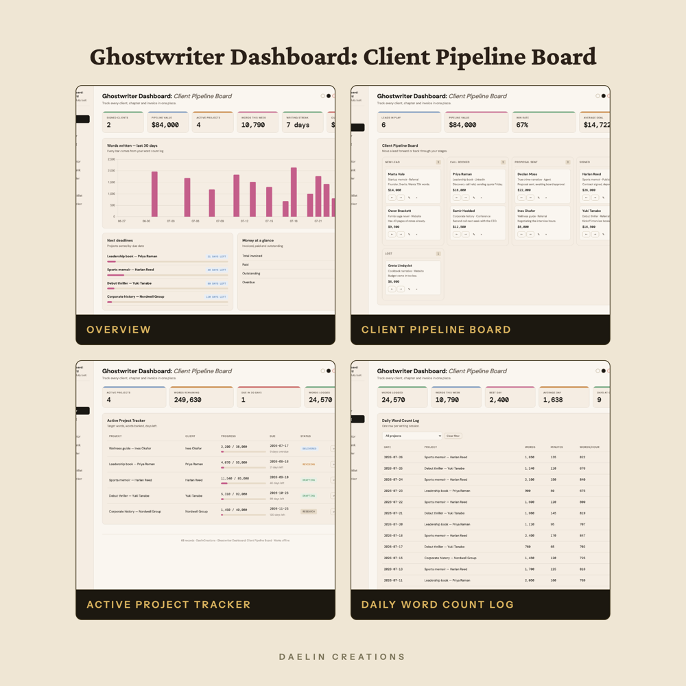 Ghostwriter Dashboard: Client Pipeline Board, Rate Quote Calculator, Interview Question Bank & Invoice Tracker HTML Tool — image 3