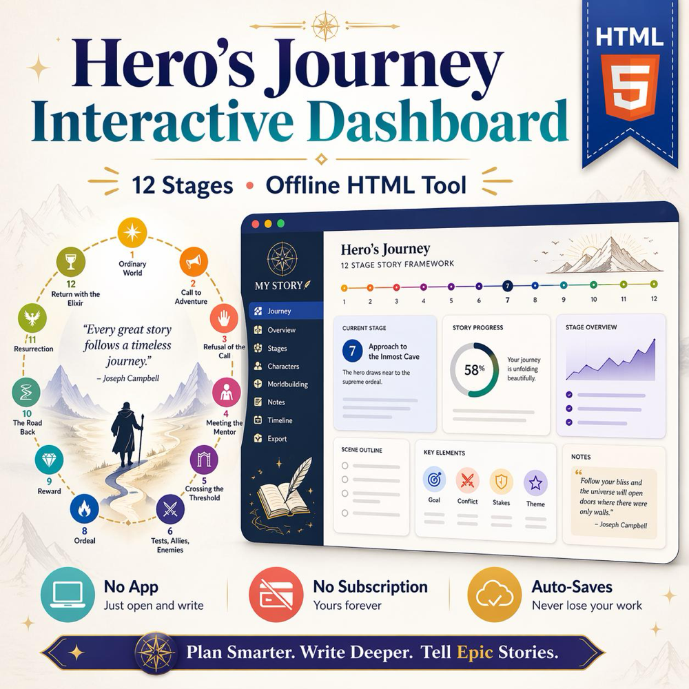 Hero's Journey Novel Planner – 12 Stage Interactive Dashboard (HTML Tool)
