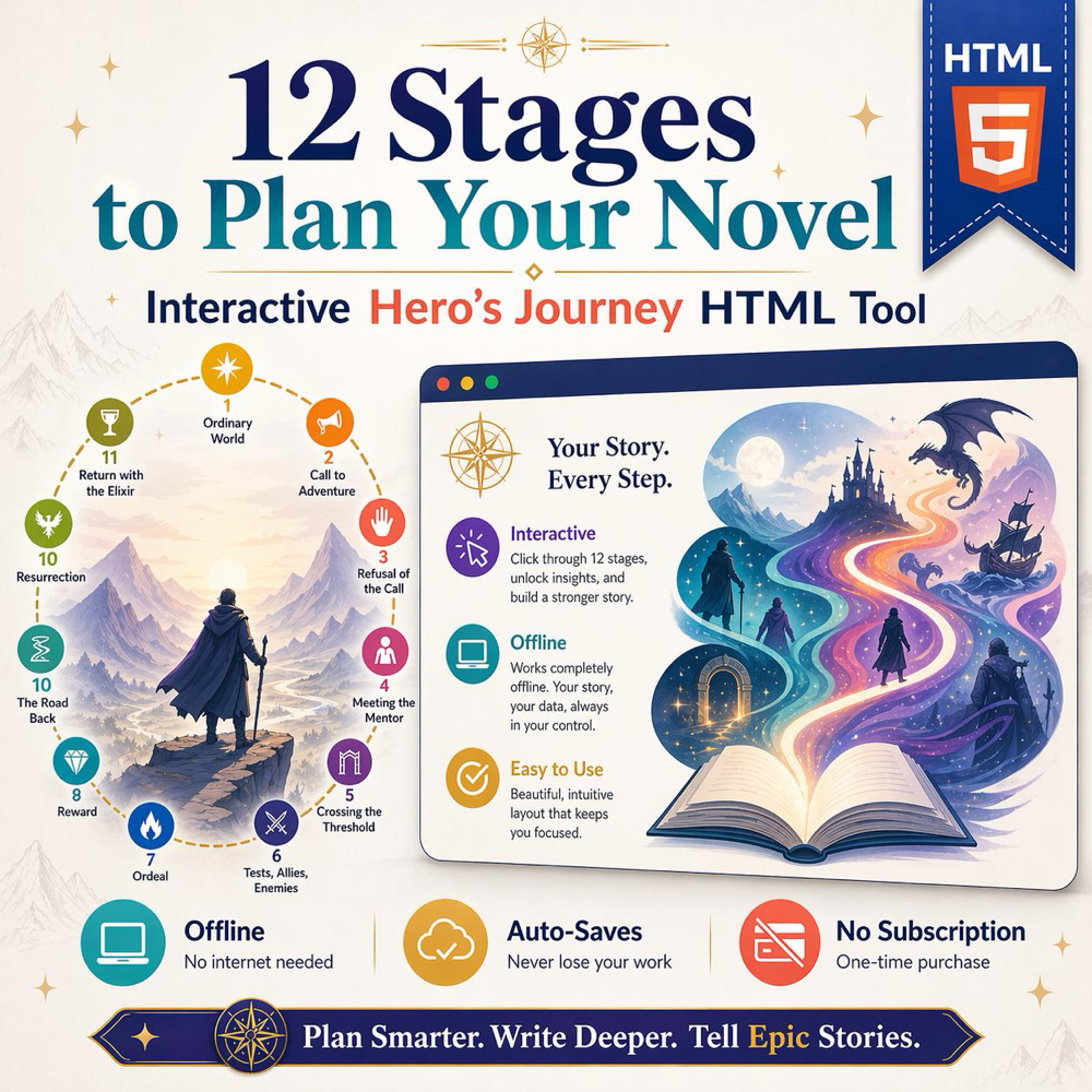 Hero's Journey Novel Planner – 12 Stage Interactive Dashboard (HTML Tool) — image 2