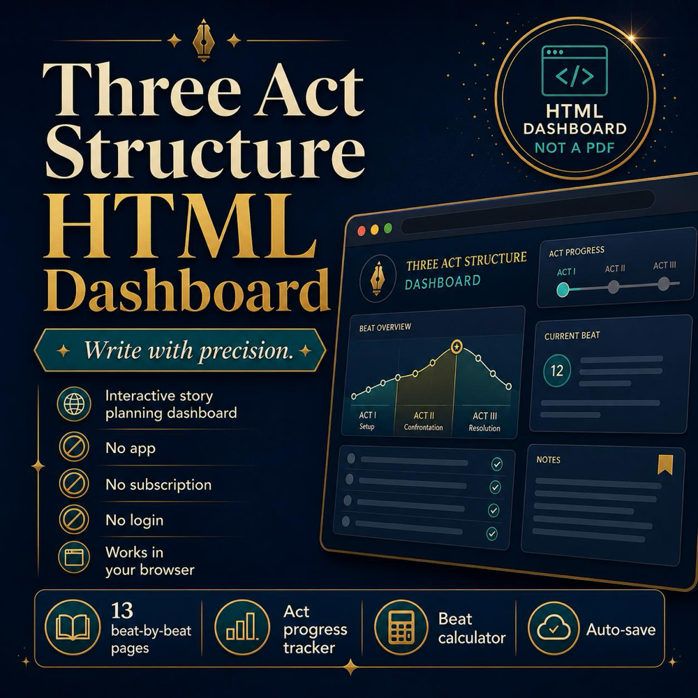 Interactive Novel Planner HTML Dashboard – Three Act Structure Story Tool (Digital Download)