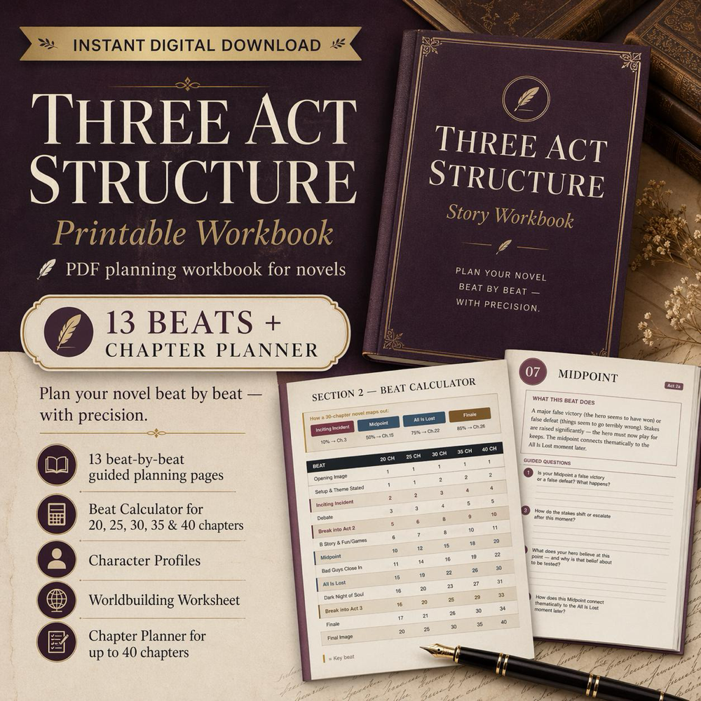 Three Act Structure Workbook – Novel Planning PDF (Digital Download)