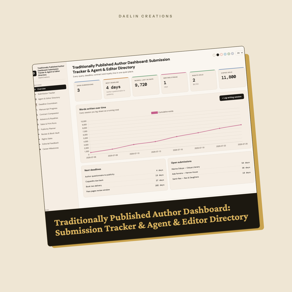 Traditionally Published Author Dashboard: Submission Tracker & Agent & Editor Directory, Query Log, Deadline Countdown, Advance & Royalty Calculator, Rights Sales & Publicity Planner — image 2