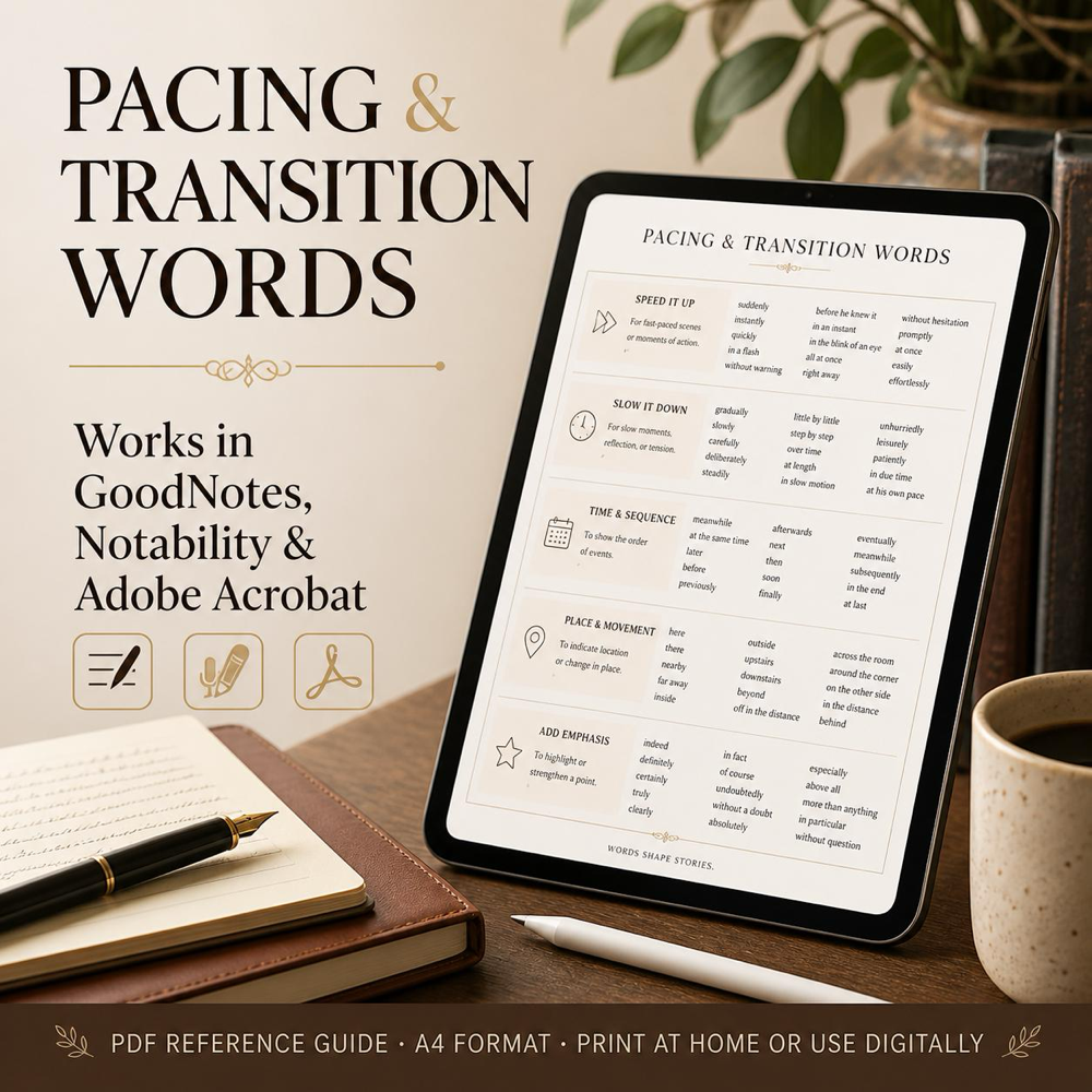 Transition Words for Writers, Pacing & Scene Transition Reference Guide, Fiction Writing Craft Tool, GoodNotes Author Resource — image 2